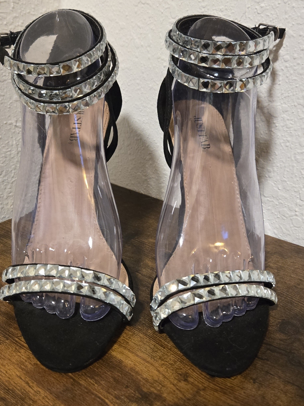 JustFab Black Clear PVC Ankle Strap Heels with Crystal Trim